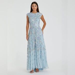 NWT $698 MAC DUGGAL Sequined High Neck Cap Sleeve A Line Gown dress blue 5647